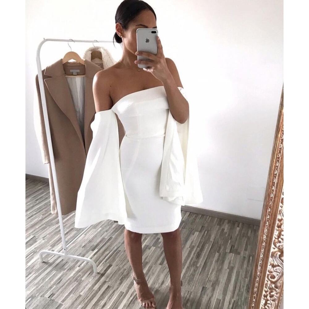 House of CB White Strapless Off-Shoulder Bell Sleeve Midi Dress